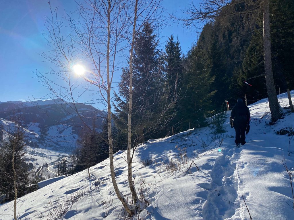 Ein Bogenschütze wandert durch verschneite Landschaft mit Bäumen und Bergblick.